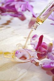 Pipette mit Öl über lila Orchideenblüten und Wasseroberfläche. Entspanntes, zartes Flair.