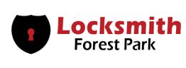 Shield with keyhole beside "Locksmith Forest Park" text in red and black.