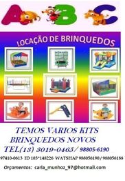 Locação de brinquedos infantis com contato telefônico e catálogo ilustrativo colorido.