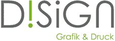 Logo mit Text "D!SIGN Grafik & Druck" in Grau und Grün.