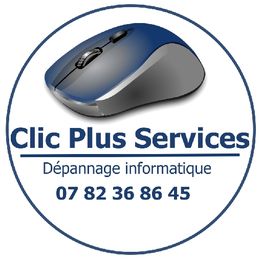 Logo Clic Plus Services : souris grise, texte bleu "Dépannage informatique", numéro de téléphone.