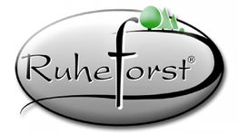 Logo mit dem Schriftzug "Ruheforst" und grünen Baumgrafiken auf grauem, ovalem Hintergrund.