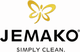 Schmetterlingslogo mit dem Text "JEMAKO - Simply Clean." in schwarzen Buchstaben darunter.
