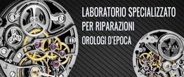 Meccanismo di orologio con testo: "Laboratorio specializzato per riparazioni orologi d'epoca".