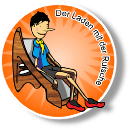 Illustration: Holzfigur auf Stuhl, lächelnd. Text: "Der Laden mit der Rutsche".