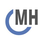 Blaues C und graue Buchstaben "MH" auf weißem Hintergrund, minimalistisches Design.