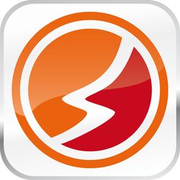 Abstraktes Logo mit orangen und roten Kurven, eingerahmt von einem weißen Kreis auf grauem Hintergrund.