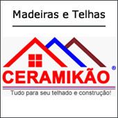 Logo "Madeiras e Telhas Ceramikão" com representação de telhados coloridos.