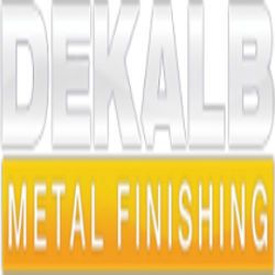 Logo of DeKalb Metal Finishing with silver text on white and yellow background.