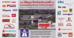 Werbeanzeige für das Einkaufszentrum Schleusingen mit Logos und Übersicht der Geschäfte.