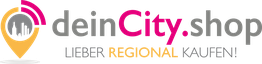 Logo von deincity.shop mit Slogan "Lieber regional kaufen!" und pink-gelbem Pinsymbol.