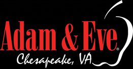 Red "Adam & Eve" text logo with "Chesapeake, VA" below on black background, apple outline on side.