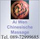 Ein rundes Relief mit Löwe; Text: "Ai Wen Chinesische Massage, Tel. 089-72999685".