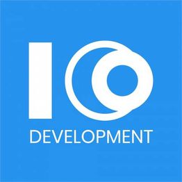 "IO Development logo with white text and design on a blue background."