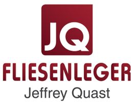 Rotes Logo mit den Buchstaben "JQ", darunter "Fliesenleger Jeffrey Quast".