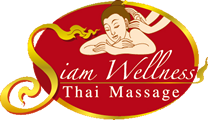 Logo von "Siam Wellness Thai Massage" mit entspannter, liegender Person auf rotem Hintergrund.