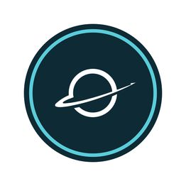 Kreis-Logo mit stilisiertem Planeten und Ring, auf dunklem Hintergrund mit hellblauen Rändern.