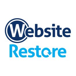 Logo with the text "Website Restore" in dark blue and light blue, circle around "W".