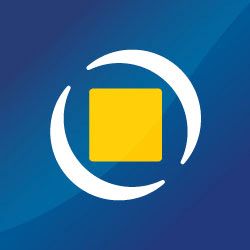 Yellow square and white arcs on a blue gradient background.