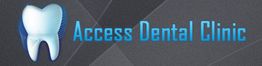 Logo with a tooth illustration and text: "Access Dental Clinic" on a textured gray background.