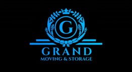 Blue "Grand Moving & Storage" logo with a decorative "G" emblem on a black background.