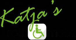 "Grüner Schriftzug 'Katja's' über Rollstuhlsymbol auf schwarzem Hintergrund."