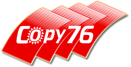Logo met de tekst "Copy76", rode golvende lijnen en een zonnetje in de letter C.