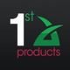 Logo with "1st products" text, featuring a stylized green leaf graphic on a black background.
