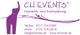 Lila Elefant-Logo, Text "C.H. EVENTS", Kontaktinfo für Hochzeits- und Eventplanung.