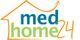 Logo von medhome24 mit Haus-Silhouette und Pfeil, blau-grüne Schrift auf weißem Hintergrund.