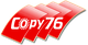 Logo met de tekst "Copy76", rode golvende lijnen en een zonnetje in de letter C.