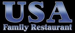 "Logo with text: 'USA Family Restaurant' in bold blue on a black background."