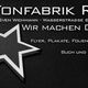 Tonfabrik Rheine Logo mit Stern. Text: "Wir machen Druck". Flyer, Plakate, Folien uvm.