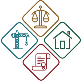 Vier Symbole: Waage, Kran, Haus und Dokument in bunten Rauten.