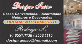 Cartão de visita "Design Gesso" com imagens de salas e molduras de gesso, contato e e-mail.