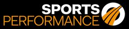 Logo met tekst "Sports Performance" en een oranje cirkel met strepen, op zwarte achtergrond.