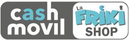 Logotipo de "Cash Movil" y "La Friki Shop" con texto blanco y azul.