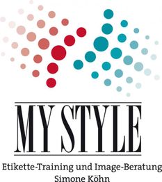 My Style Logo mit roten und blauen Punkten. Text: Etikette-Training und Image-Beratung.