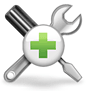 Werkzeug-Symbol mit Schraubendreher und Schraubenschlüssel hinter grünem Kreuz.
