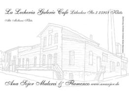 Skizze eines Gebäudes mit dem Text "La Lecheria Galerie Cafe" und Website von Ana Sjor.