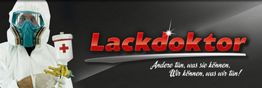 Person in Schutzanzug mit Spritzpistole, Text: "Lackdoktor - Andere tun, was sie können. Wir können, was wir tun!"