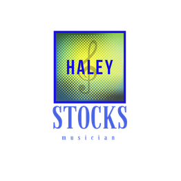 Blue and green logo with text: "Haley Stocks Musician."