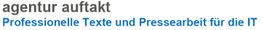 "Logo der Agentur Auftakt mit Slogan: Professionelle Texte und Pressearbeit für die IT."