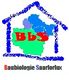 Logo mit bunten Landkarten und Schriftzug "Baubiologie Saarlorlux" im Umriss eines Hauses.
