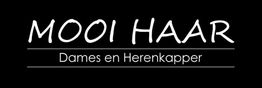 "Logo met tekst: 'MOOI HAAR' en 'Dames en Herenkapper', witte letters op zwarte achtergrond."