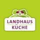 Logo mit Haus und Bäumen, Text: LANDHAUS KÜCHE, auf grünem Hintergrund.