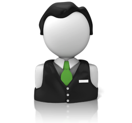 Icona stilizzata di un avatar con cravatta verde e gilet nero.