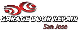 Logo for Garage Door Repair San Jose with red spiral design elements above the text.