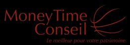 Texte rouge "Money Time Conseil" avec un ballon de basket. Slogan: "Le meilleur pour votre patrimoine".