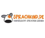 Logo von Sprachkind.de mit Kuhkopf und Slogan: "Kinderleicht Sprachen lernen" in Orange und Schwarz.